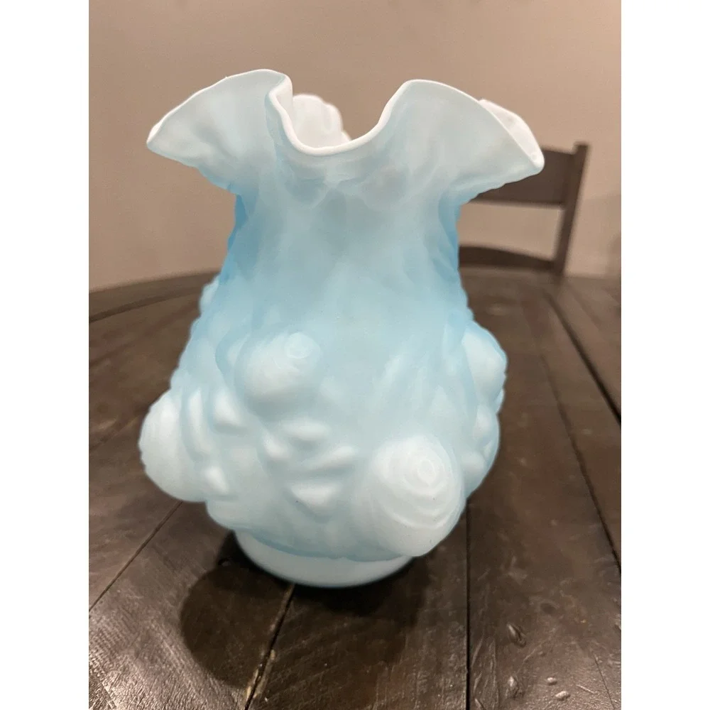 FENTON for LG Wright WILD ROSE Blue Satin Glass PUFFY Cabbage ROSES Vase 8‎ 1/2